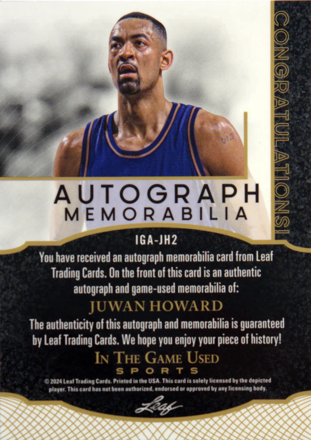 Back scan of Juwan Howard 2024-25 Leaf In The Game Used Sports #IGA-JH2 showing stats for Washington Wizards - Juwan Howard Collector Private Collection