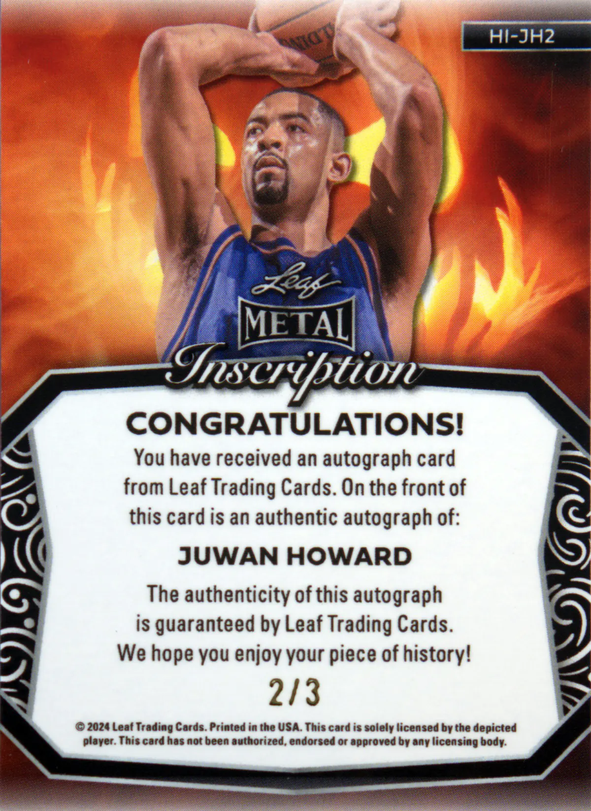 Back scan of Juwan Howard 2024-25 Leaf Metal #HI-JH2 showing stats for Washington Wizards - Juwan Howard Collector Private Collection