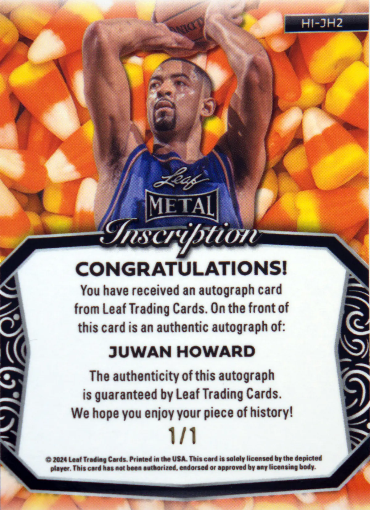 Back scan of Juwan Howard 2024-25 Leaf Metal #HI-JH2 showing stats for Washington Wizards - Juwan Howard Collector Private Collection