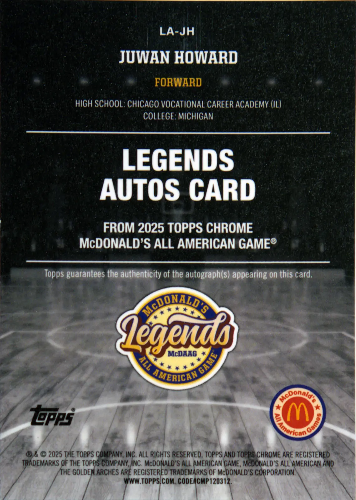 Back scan of Juwan Howard 2025-26 McDonald's All American #LA-JH showing stats for Chicago Vocational Highschool - Juwan Howard Collector Private Collection