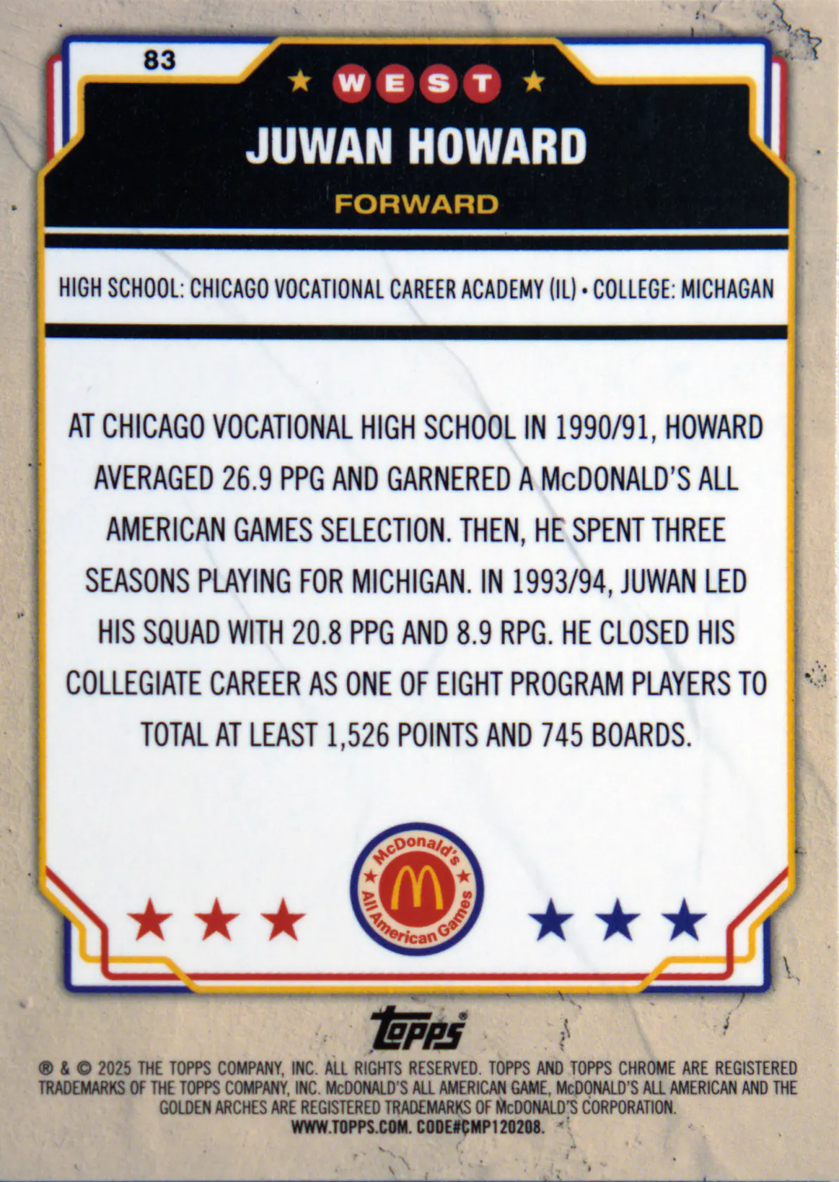 Back scan of Juwan Howard 2025-26 Topps Chrome #83 showing stats for Chicago Vocational Highschool - Juwan Howard Collector Private Collection