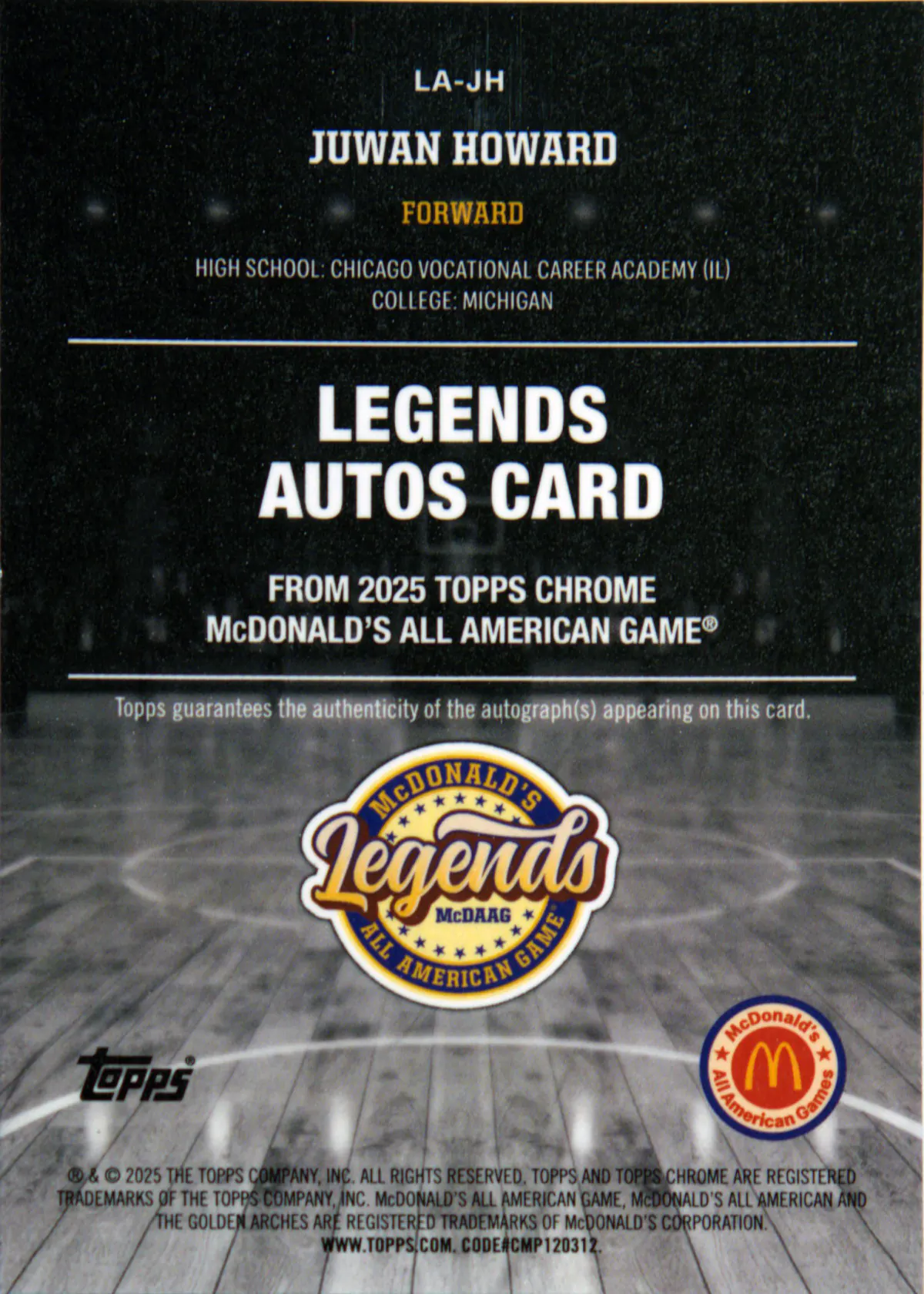 Back scan of Juwan Howard 2025-26 Topps Chrome #LA-JH showing stats for Chicago Vocational Highschool - Juwan Howard Collector Private Collection