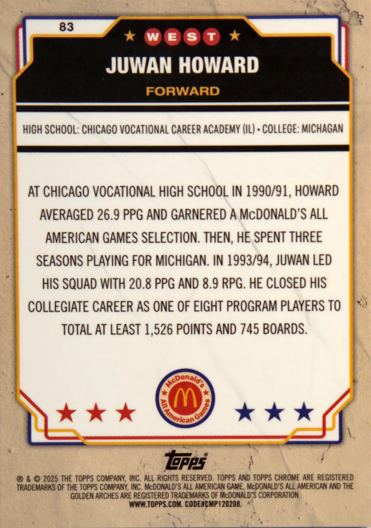 Back scan of Juwan Howard 2025-26 Topps Chrome #83 showing stats for Chicago Vocational Highschool - Juwan Howard Collector Private Collection
