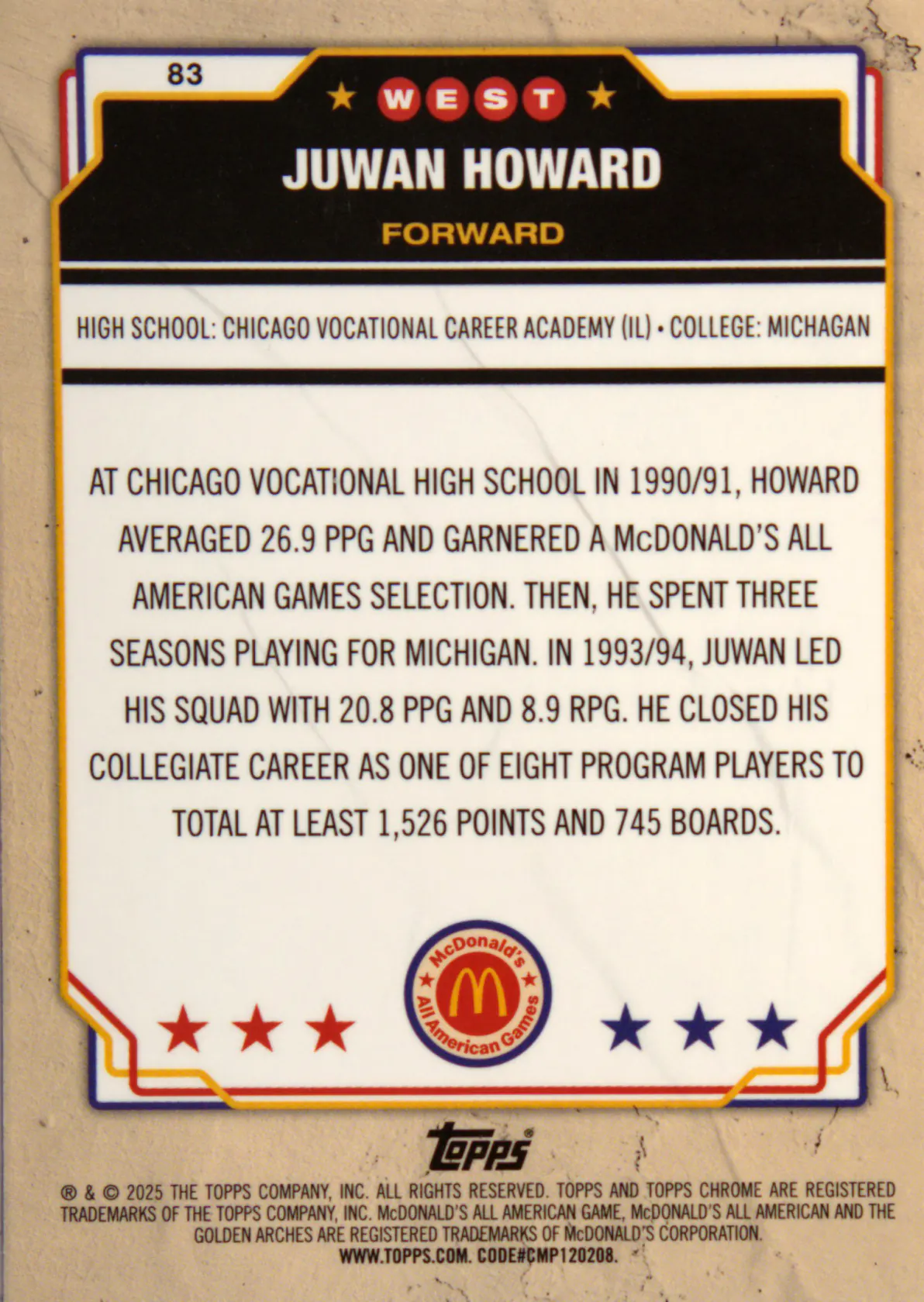 Back scan of Juwan Howard 2025-26 Topps Chrome #83 showing stats for Chicago Vocational Highschool - Juwan Howard Collector Private Collection