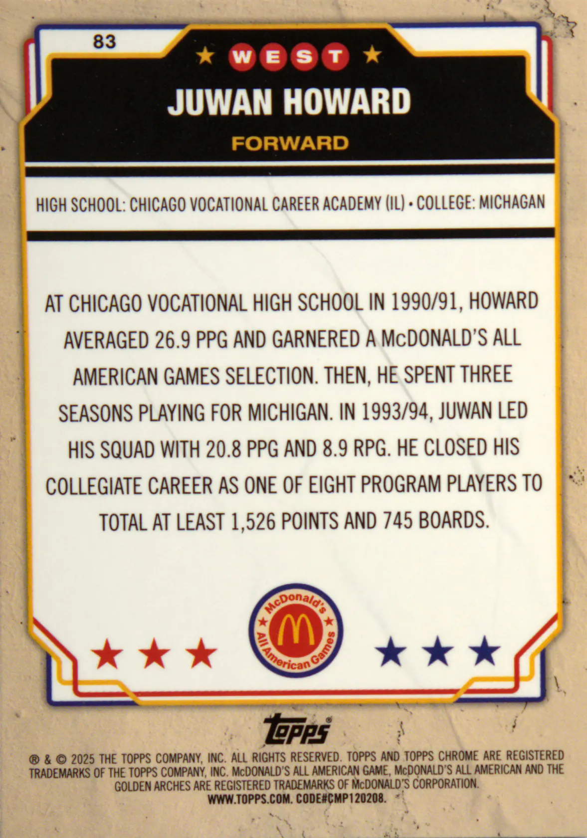 Back scan of Juwan Howard 2025-26 Topps Chrome #83 showing stats for Chicago Vocational Highschool - Juwan Howard Collector Private Collection