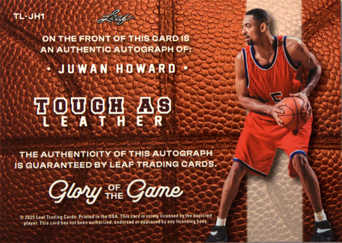 Back scan of Juwan Howard 2025-26 Leaf Glory Of The Game #TL-JH1 showing stats for Washington Bullets - Juwan Howard Collector Private Collection