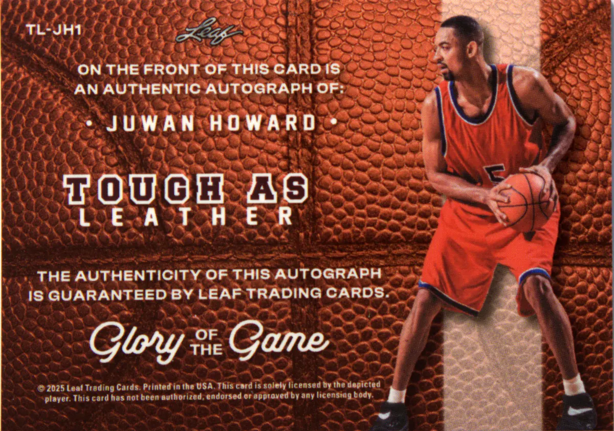 Back scan of Juwan Howard 2025-26 Leaf Glory Of The Game #TL-JH1 showing stats for Washington Bullets - Juwan Howard Collector Private Collection