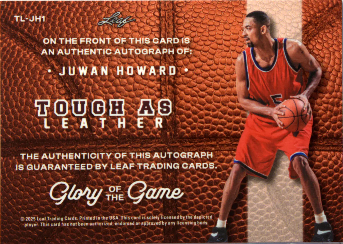 Back scan of Juwan Howard 2025-26 Leaf Glory Of The Game #TL-JH1 showing stats for Washington Bullets - Juwan Howard Collector Private Collection