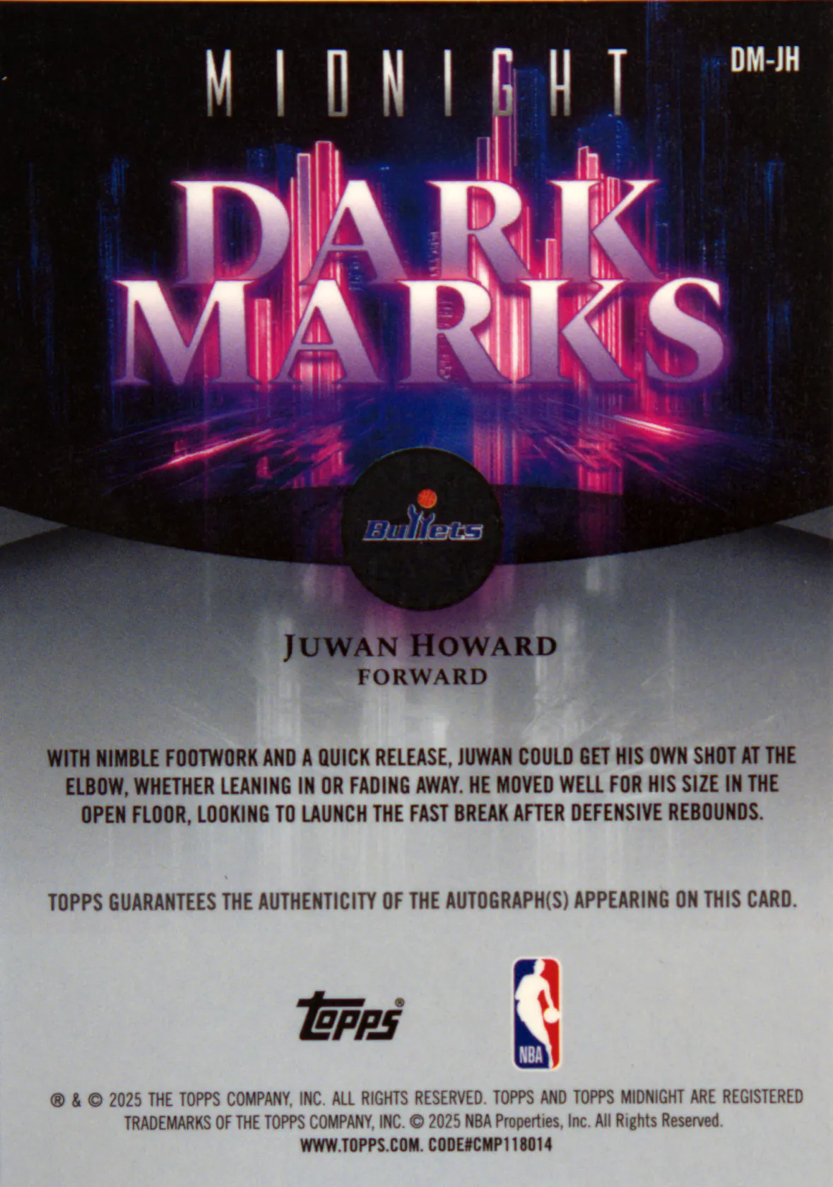 Back scan of Juwan Howard 2025-26 Topps Midnight #DM-JH showing stats for Washington Bullets - Juwan Howard Collector Private Collection