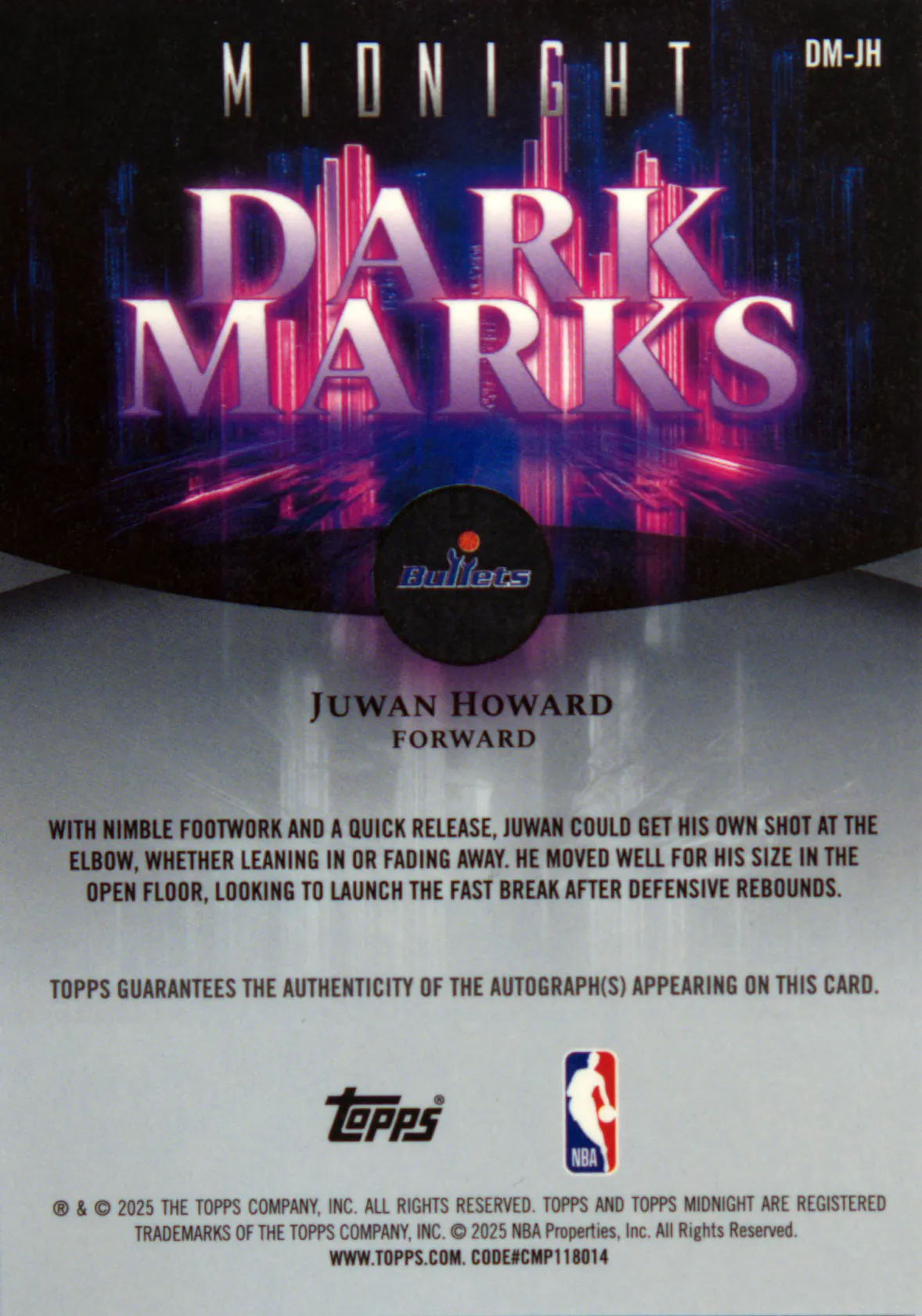 Back scan of Juwan Howard 2025-26 Topps Midnight #DM-JH showing stats for Washington Bullets - Juwan Howard Collector Private Collection