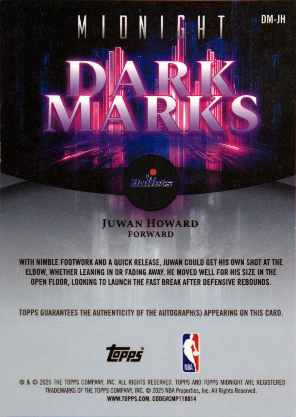 Back scan of Juwan Howard 2025-26 Topps Midnight #DM-JH showing stats for Washington Bullets - Juwan Howard Collector Private Collection