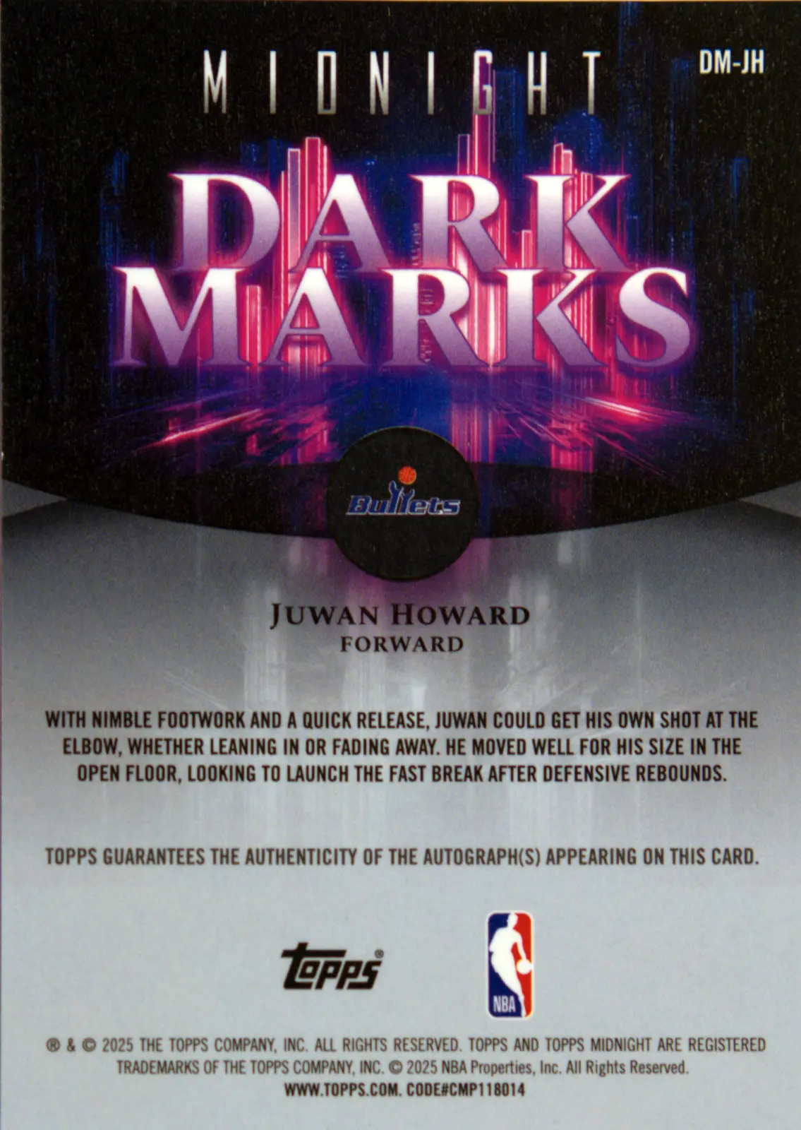 Back scan of Juwan Howard 2025-26 Topps Midnight #DM-JH showing stats for Washington Bullets - Juwan Howard Collector Private Collection